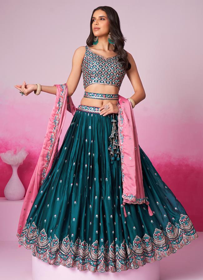 Poly Georgette Teal Wedding Wear Sequins Work Lehenga Choli